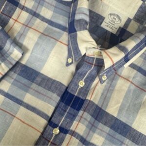 Brooks Brothers Men’s Shirt XXL Blue Plaid Regent Linen Short Sleeve Button Down
